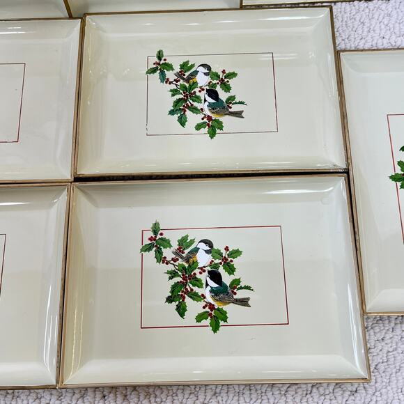 Gibson Greetings Chickadees & Holly Otagiri Lacquerware Snack Tray Set of 8 VTG - Picture 10 of 11